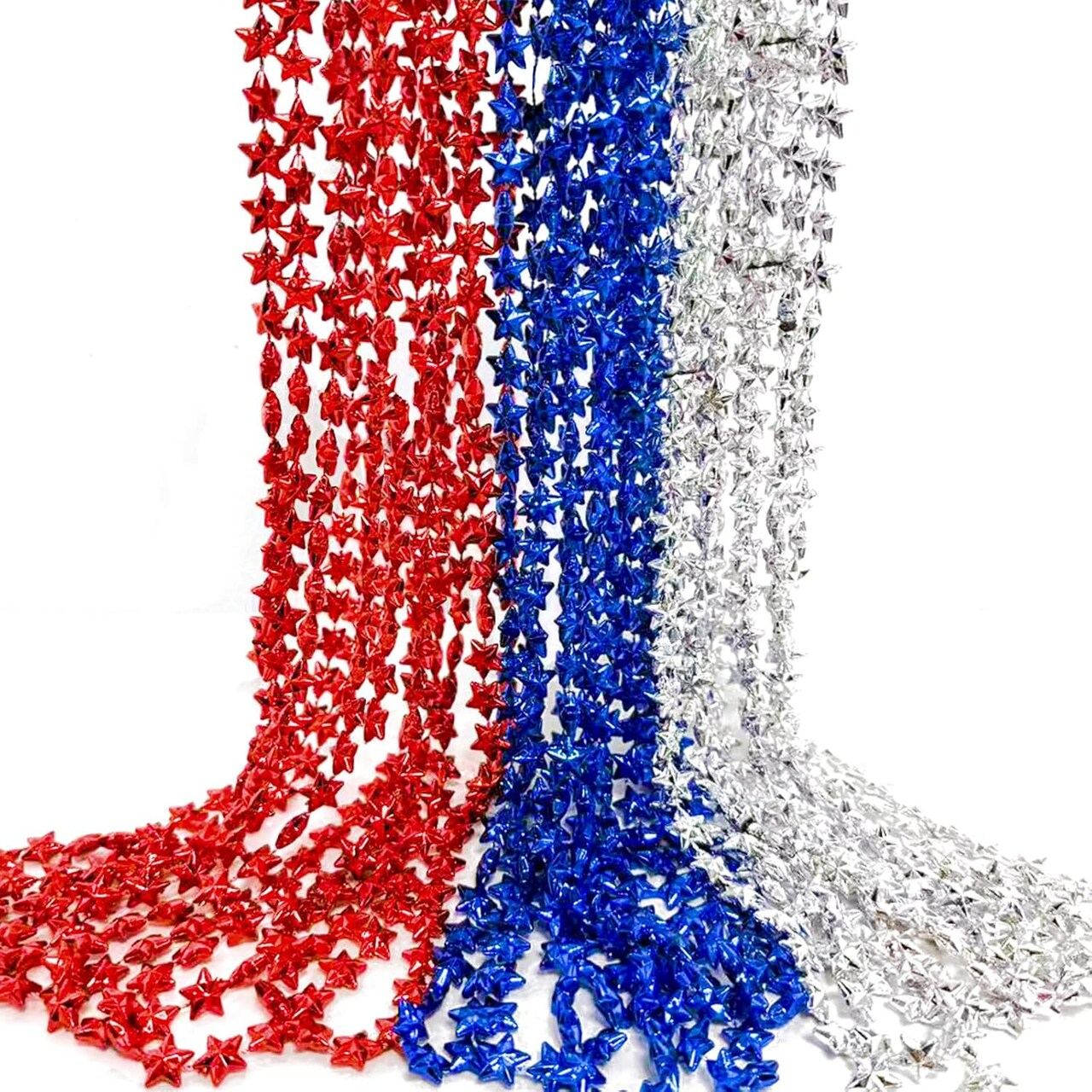 18 Pieces Patriotic Star Bead Necklaces Bulk, 33 Inches Red White Blue Metallic Necklaces for 4th of July, Independence Day, Memorial Day, Veteran Parade Party Favors and American-Themed Celebrations